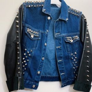 Studded Denim Jacket w/ Real Leather Sleeves